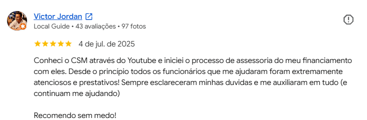 Avaliação 5 estrelas de Victor Jordan no Google sobre a assessoria da CSM
